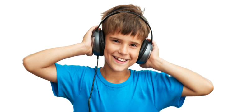 Smiling Boy Wearing Headphones on Transparent Background