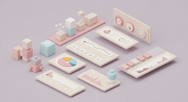 Isometric 3D Render of Pastel Data Analytics UI Design Elements