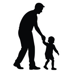 Silhouette of a father teaching his child to walk and bond together in vector illustration white background