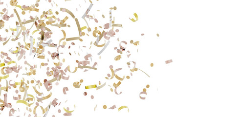 Beautiful image of gold and pink confetti falling on white background. Perfect for celebrations, parties, and festive designs.