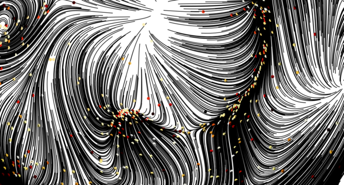 Abstract art featuring swirling black lines, white background, and colorful dots. Great for modern designs.