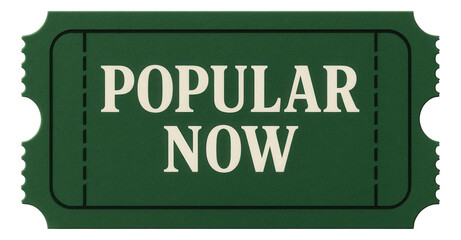 Green tag sticker with POPULAR NOW announcement in bold text, appealing retail promotion offer on transparent background.