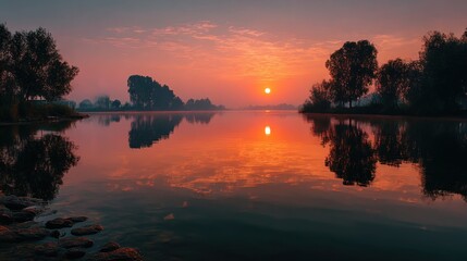 Obraz premium Sunrise over tranquil lake creates stunning reflection and vibrant colors in the early morning sky