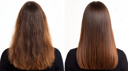 Fototapeta premium Transformation of curly hair to sleek straight style showcasing before and after results