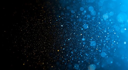 Abstract background with glowing blue and gold dust particles floating in the dark, creating a magical bokeh effect.