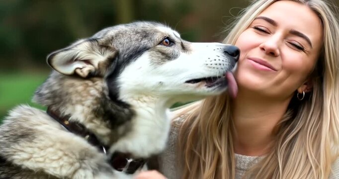 Happy woman hugging and laughing with a siberian husky outdoors