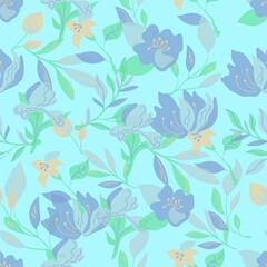 Floral Illustration with Blue and Green Blooms