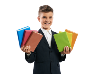 Cheerful Boy Holding Colorful Books on Transparent Background