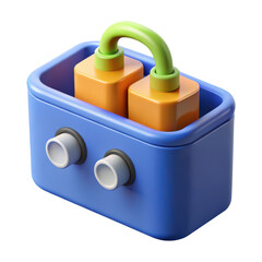 Blue plastic container with orange blocks and a green handle isolated on transparent background