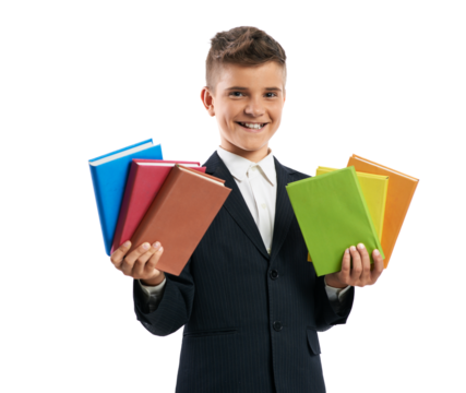 Cheerful Boy Holding Colorful Books on Transparent Background