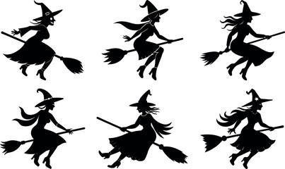 Silhouette Collection of Witches Flying on Brooms for Halloween Celebration