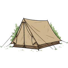 A charming illustration of a classic outdoor canvas bell tent nestled amongst lush green foliage, perfect for serene camping trips, wilderness exploration, and tranquil nature getaways.