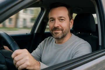 confident man smiling behind the wheel of his car, looking at camera with a casual, happy expression, enjoying the drive, drivers seat moment