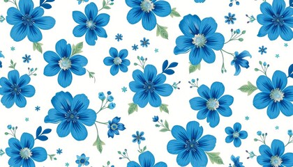 Fototapeta premium Whimsical blue floral and botanical seamless pattern on white, featuring a forced perspective effect, style, perspective