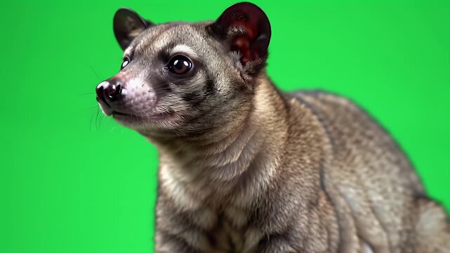 Alert Small Wild Mammal Portrait on Green Screen Background. Close-up of Exotic Animal with Striped Fur, Ideal for Chroma Key Compositing.