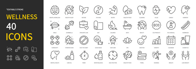 Wellness icon set. Health, healthy lifestyle, harmony, yin yang, good mood, healthy food, pulse, sport, fitness, mental health, water balance, community, etc. Vector illustration. Editable stroke.