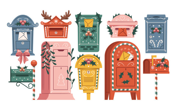 Christmas mailboxes decorated with traditional ornaments to delivery greeting card, wish list