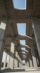 Concrete Structure Under Construction:  Rows of Pillars and Beams, Skylights
