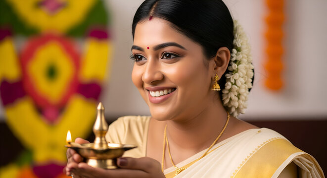 Kerala Woman Celebrating Onam with Traditional Diya