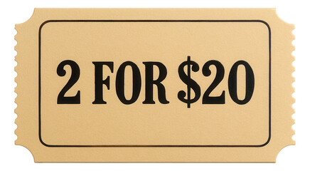 Beige tag sticker with 2 FOR $20 offer in bold font, effective retail discount promo on transparent background.