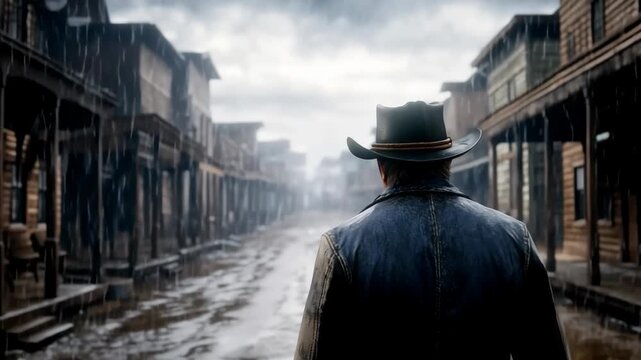 Lone cowboy in a rainy ghost town video backdrop.