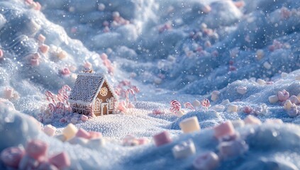 Miniature gingerbread house nestled in a snowy candy landscape