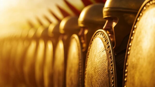 Spartan warrior shield wall forms a united defense footage.
