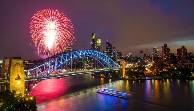 City skyline at night with fireworks and bridge - Powered by Adobe