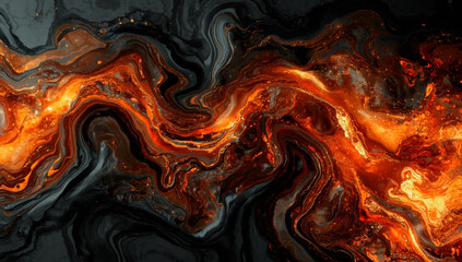 Liquid magma-inspired flow of vivid fiery hues against dark background, abstract dynamic and dramatic design.