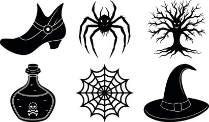 Halloween Silhouette Icons Witch Boot Spider Tree Potion Web and Hat