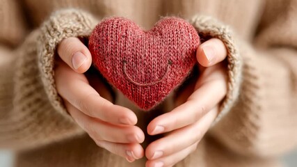 Close-up of young woman's hands holding a red heart and a smile drawing on paper, symbolizing emotional care and positivity