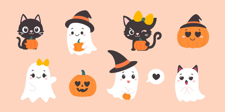 Adorable Halloween Illustration with Playful Ghosts, Smiling Pumpkins, and Black Cats on Light Background for Festive Seasonal Designs