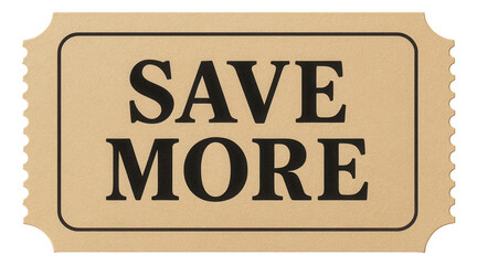 Beige tag sticker with SAVE MORE promotion in bold lettering, appealing retail discount offer on transparent background.