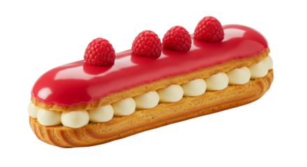 Delicious eclair dessert decorated with fresh berries png isolated on transparent background
