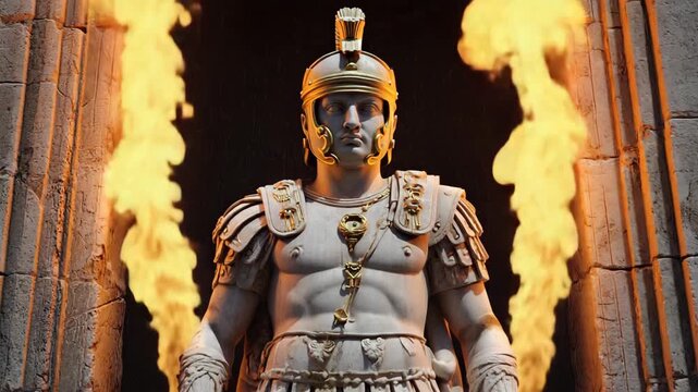 Ancient Roman warrior statue with golden helmet and armor standing in flames, dramatic historical sculpture with fire background and epic cinematic atmosphere