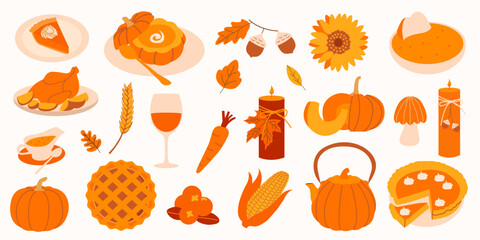Thanksgiving food illustration set. Autumn harvest icons with pumpkin, turkey, pie, corn, mushroom, sunflower, acorns, candles. Festive holiday dinner decoration for invitations, greeting cards, menus