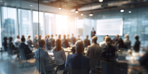 Professional Business Meeting with Engaged Audience in Modern Office Setting, Presenters, Technology, and Collaboration
