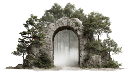 Stone Archway Through the Forest background isolated on a Transparent background, PNG file.