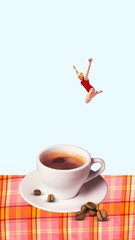 Collage of woman diver in red swimsuit leaping into coffee cup with beans on checkered tablecloth. Concept of food culture, cafe branding, social media humor, lifestyle energy, and playful art emotion
