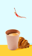 Bold artwork. Diver in red swimsuit diving toward paper cup of coffee with croissant on yellow background. Concept of breakfast branding, lifestyle tourism, energy, humor, and creative art emotion.