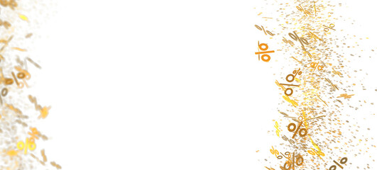Abstract image of gold percentage symbols falling on a white background. Perfect for sale banners, promotions, and discounts.