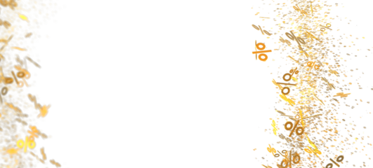 Abstract image of gold percentage symbols falling on a white background. Perfect for sale banners, promotions, and discounts.