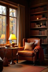 Cozy Reading Nook with Leather Armchair and Bookshelf