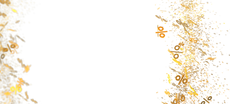 Abstract image of gold percentage symbols falling on a white background. Perfect for sale banners, promotions, and discounts.