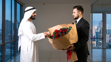 Cordial greeting between businessman and arabian, roses and handshake symbolism collaboration or