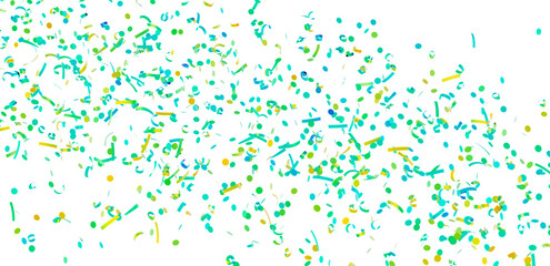 Bright teal, green, and yellow confetti falling on white. Perfect for party invitations, banners, and celebratory designs.