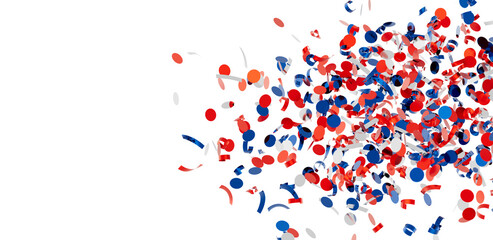 Festive confetti explosion of red, white, and blue circles and ribbons. Perfect for patriotic holidays or celebrations.