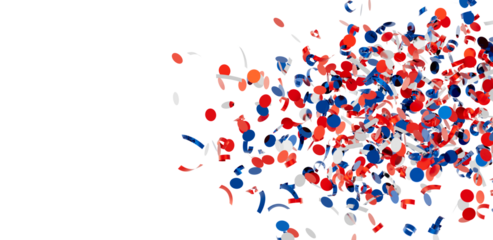 Festive confetti explosion of red, white, and blue circles and ribbons. Perfect for patriotic holidays or celebrations.