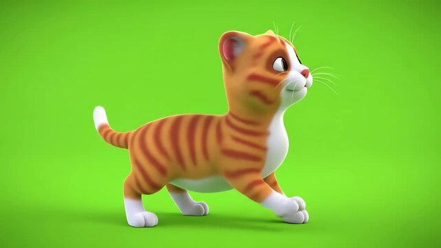 3D Cartoon Cute Cat on Green Screen