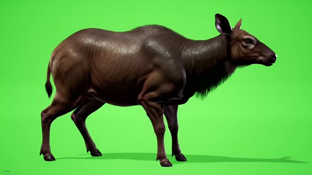 Rare Saola Wild Bovine on Green Screen Background, Side View for Wildlife and Nature Projects, Compositing Ready
